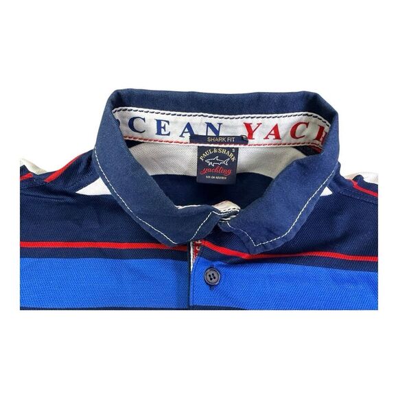 Paul & Shark Yachting Polo "Shark Fit” Slim Fit Blue & Red Stripe Mens Small - Picture 9 of 10